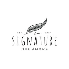 Feather Pen Signature Hand Drawing Logo Illustration Design Vector Template 