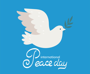 Postcard with a dove with an olive branch. Vector graphics.
