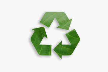 Recycling icon made from green leaves.On a white background. The concept of recycling, non-waste...