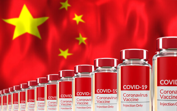 Rows Of Multiple Covid-19 Vaccine Vials With Flag Of China (PRC) In Background. Mass Production And Inoculation Concept. 3d Rendering.