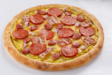 Pizza isolated on white background.Side view. Italian food concept. Appetizing pizza.