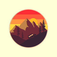 illustration of an adventurous off-road car against a mountainous backdrop © fiqqiFaqiih