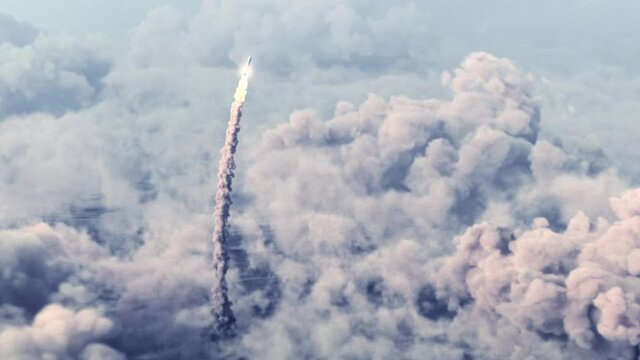 Combat nuclear missile takes off through the clouds. 3d animation