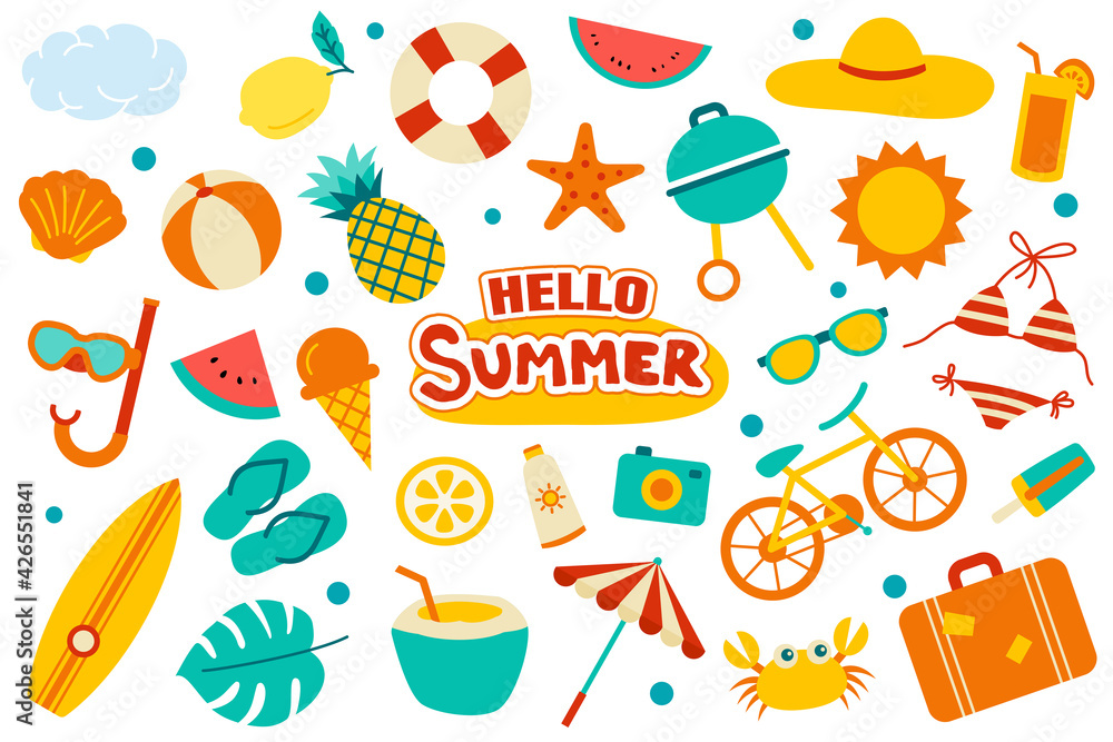 Aufkleber hello summer collection set flat design on white background. summer symbols and objects colorful.