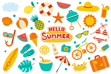 Hello summer collection set flat design on white background. Summer  symbols and objects colorful.