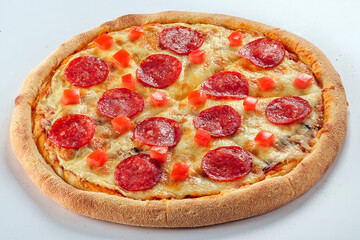 Pizza isolated on white background.Side view. Italian food concept. Appetizing pizza.