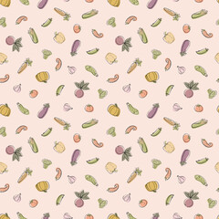 Hand drawn multicolored vegetables seamless pattern in sketch style. Concept vector illustration for organic, bio, fresh food