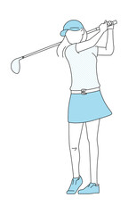スポーツのゴルフのイラスト。ゴルフクラブでスイングしてる若い女性。