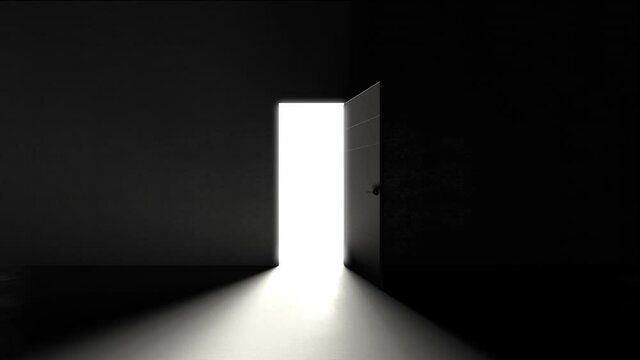 Door in a dark room opens and fills the space with bright white light in 4K resolution. Light rays coming trough. 3D render animation of opening door