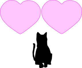 座る猫と2つの可愛いハート「シルエット」