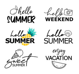 Hello summer hand drawn lettering set. Summer typography for design t-shirt, mug, greeting card.
