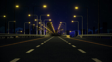 Empty 3D Rendered Stylized Road at Night with Cityscape Background