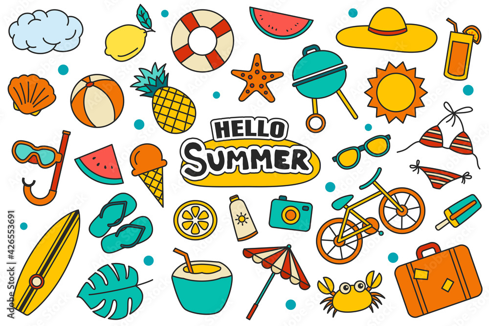 Poster hello summer collection set design on white background. summer symbols and objects colorful.