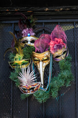 Mardi Gras masks on wreath 