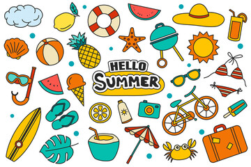 Hello summer collection set design on white background. Summer  symbols and objects colorful.