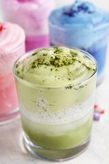 Multicolored matcha frappe tea