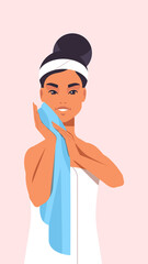young woman cleaning face with blue towel girl wiping facial skin skincare spa relax treatment concept portrait