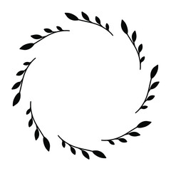 Vector hand drawn spring wreath isolated on white background. Silhouette circle of leaves. Doodle style. Floral frame.