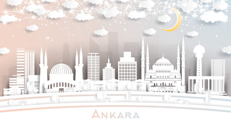 Ankara Turkey City Skyline in Paper Cut Style with White Buildings, Moon and Neon Garland.