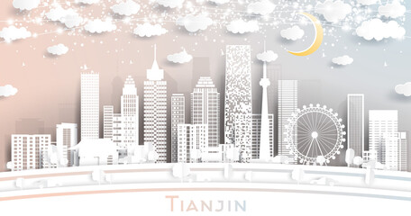 Tianjin China City Skyline in Paper Cut Style with White Buildings, Moon and Neon Garland.