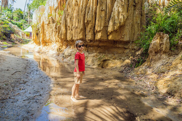 Boy tourist on the Fairy stream among the red dunes, Muine, Vietnam. Vietnam opens borders after quarantine COVID 19 © galitskaya