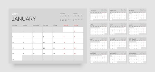Monthly calendar for 2022 year. Week Starts on Monday.