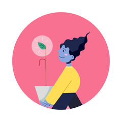 a blue man holding leaflet plant represent about expectation and determination.