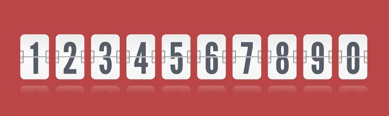 One line vector template for time design. Flip scoreboard with numbers symbols floating and reflections for white countdown timer or alarm watch on red background.