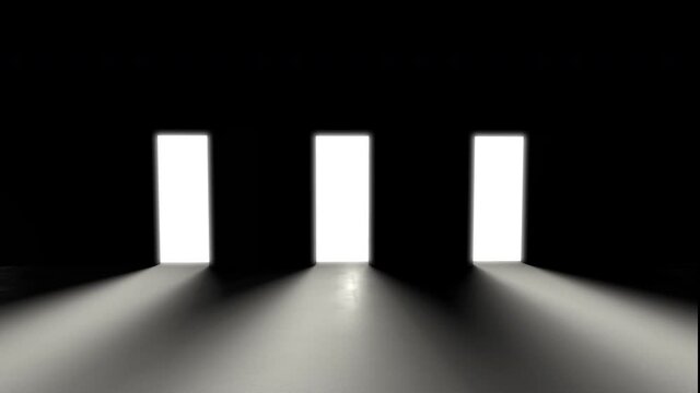 3D animated concept of opening three doors, White light. A dark room, a game of shadows. Monochrome image