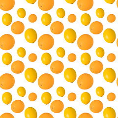 Tropical fruits lemon and orange on a white background, seamless pattern.