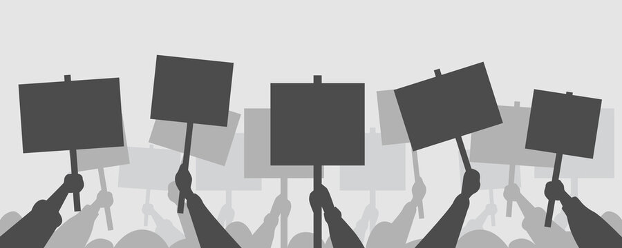 protesters hands holding peace protest posters blank vote placards demonstration speech activist rally election campaigning political freedom concept horizontal