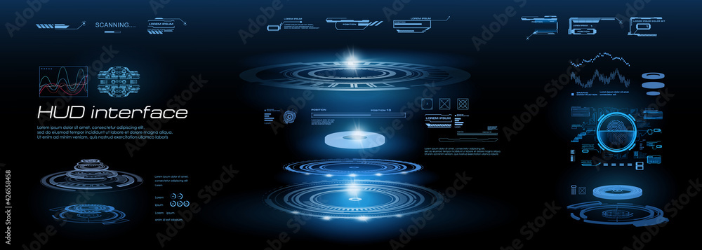 Poster digital holographic interface with hud, gui, ui elements. set of portals with blue glow. custom game
