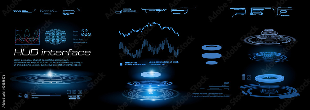 Aufkleber hud interface. holographic digital panel with neon portals for the game interface. abstract space ba