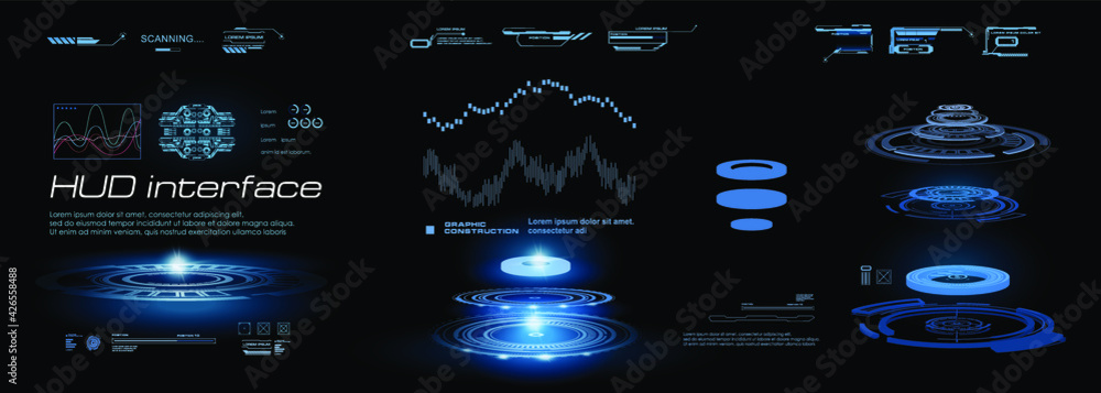 Aufkleber hud interface. holographic digital panel with neon portals for the game interface. abstract space ba