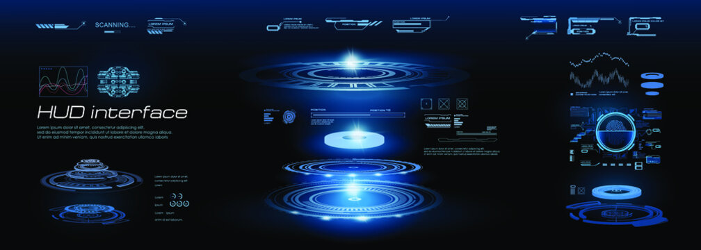 Digital Holographic Interface With HUD, GUI, UI Elements. Set Of Portals With Blue Glow. Custom Game Holographic Panel