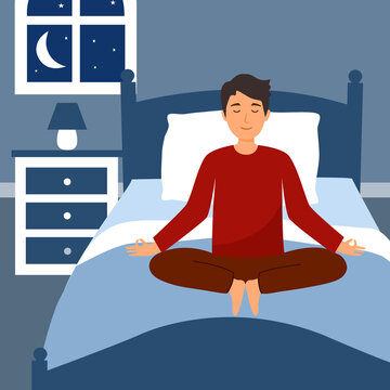 Man doing meditation on bed in bedroom in flat design. Male meditate for better sleep.