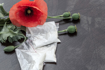 flowers and heads of opium poppy next to packages of heroin, soft focus, tinting, selective...