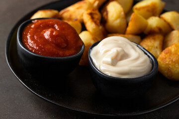 Spanish tapa Patata bravas, typical potatoes snack served with different sauces on black background