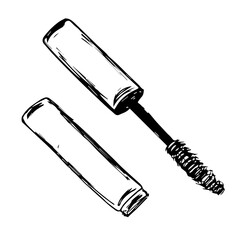 mascara for eyelashes and eyebrows. Isolated black beautiful female eyebrows. Makeup blank template illustration