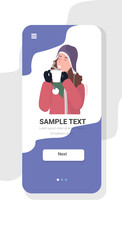 woman catching cold drinking hot tea influenza infection symptoms flu season concept smartphone screen mobile app portrait copy space