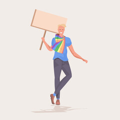man gay in lgbt rainbow scarf holding protest poster blank placard love parade pride festival demonstration concept full length