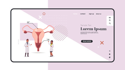 doctors couple examining female reproductive system uterus cervix ovaries fallopian tubes medical consultation human internal organ inspection treatment concept horizontal copy space full length