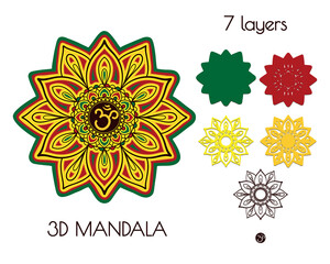 3D festive mandala of seven layers. Multilayer elements for paper cutting or machine cutting