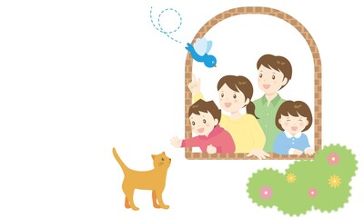 窓辺に集まる家族と動物