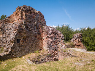 Aerial view of Kereki medieval castle ruin in Somogy county near Lake Balaton Hungary made of brick