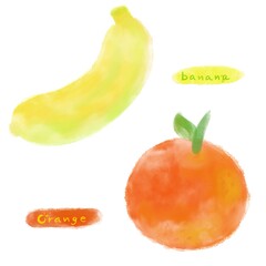 Illustration of fruits,banana,orange by watercolor brush.