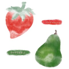 Set of fruits , strawberry, avocado by watercolor brush.