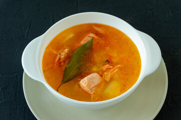 homemade soup with salmon with bread sticks on back concrete background