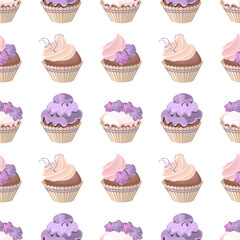 Seamless pattern with violet muffins. Endless texture for your design. Illustration can be used for restaurant and cafe decoration.