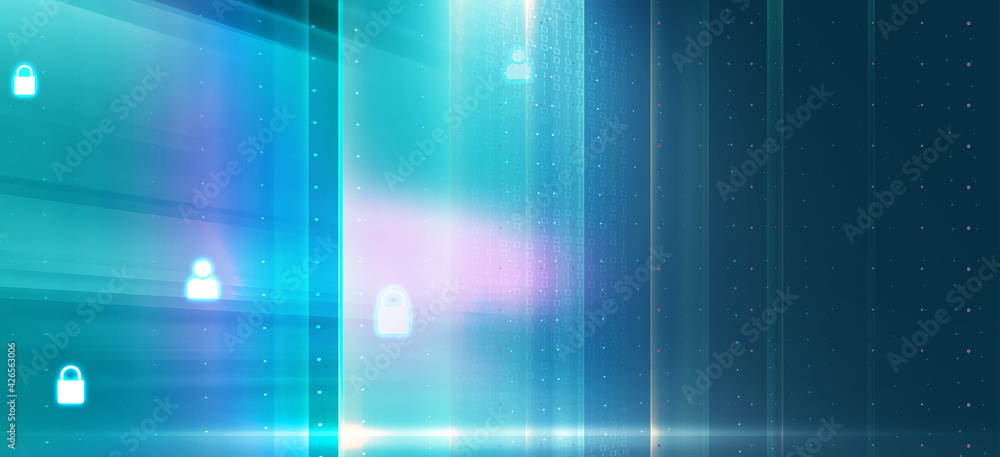 Poster illustration of digital icons with binary codes on a blue background with light beams